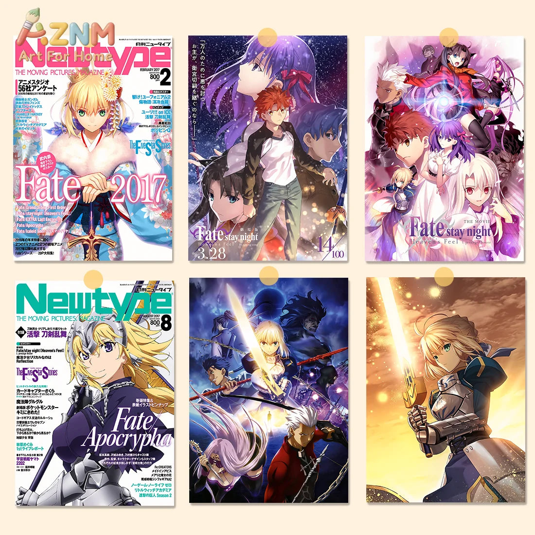 AZNM Fate Stay Night Canvas Wall Art, Unlimited Blade Works Saber Rin Tohsaka Shirou Emiya Anime Poster, Frameless Canvas Print,