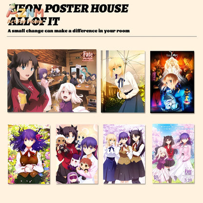 AZNM Fate Stay Night Canvas Wall Art, Unlimited Blade Works Saber Rin Tohsaka Shirou Emiya Anime Poster, Frameless Canvas Print,