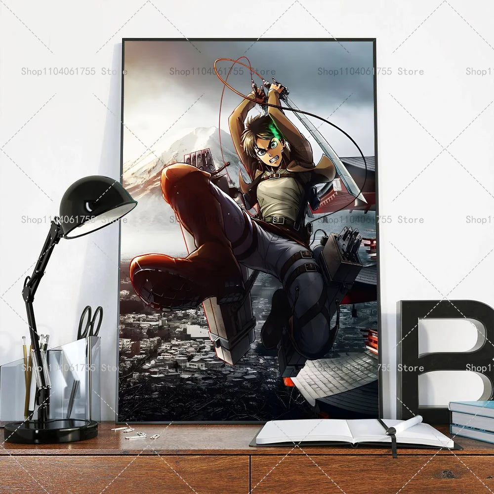 1PC Anime Attack On Titan Eren Jeager Poster Self-adhesive Art Waterproof Paper Sticker Coffee House Bar Room Wall Decor