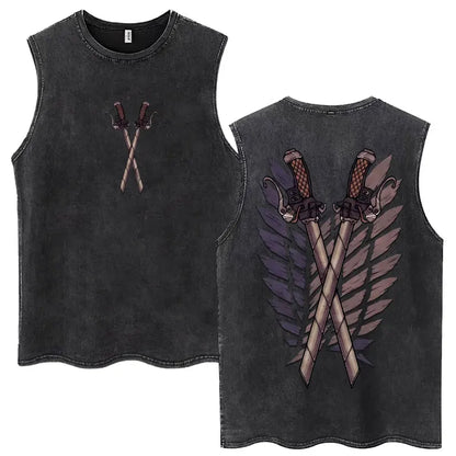 2026 Attack on Titan Wings of Freedom Acid Wash Tank Top, Survey Corps Emblem Anime Print, Oversized Cotton Streetwear Tee