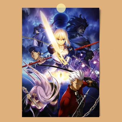 AZNM Fate Stay Night Canvas Wall Art, Unlimited Blade Works Saber Rin Tohsaka Shirou Emiya Anime Poster, Frameless Canvas Print,