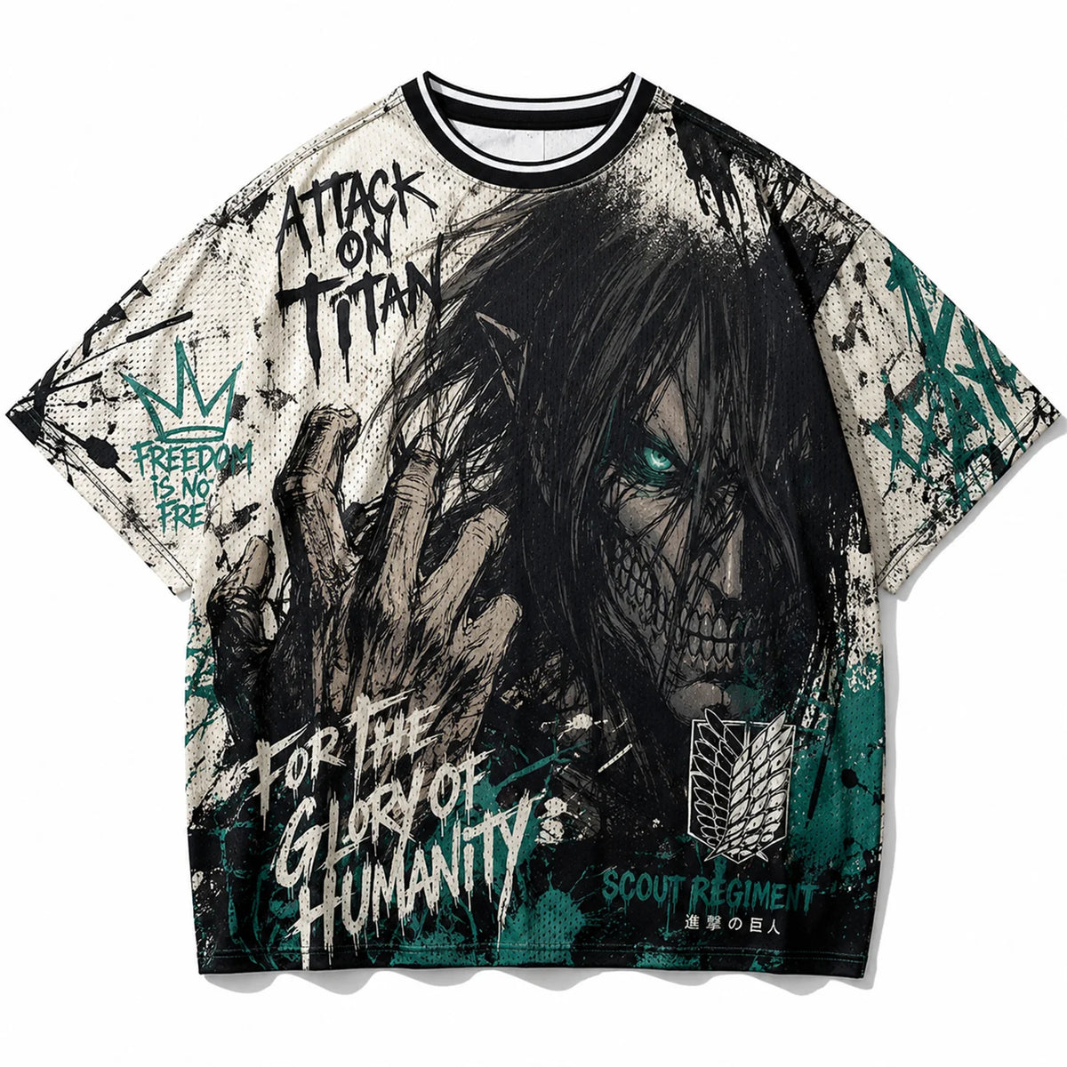 Attack On Titan Giant Titan Survey Corps Graffiti Mesh T Shirt For Men Women Fans Loose Breathable Street Hip Hop Casual Short S