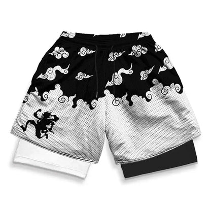2026 Summer Bandai One Piece Character Symbols Anime Double Layer Fake Two Piece Gym Workout Shorts Quick-dry Comfy Lightweight