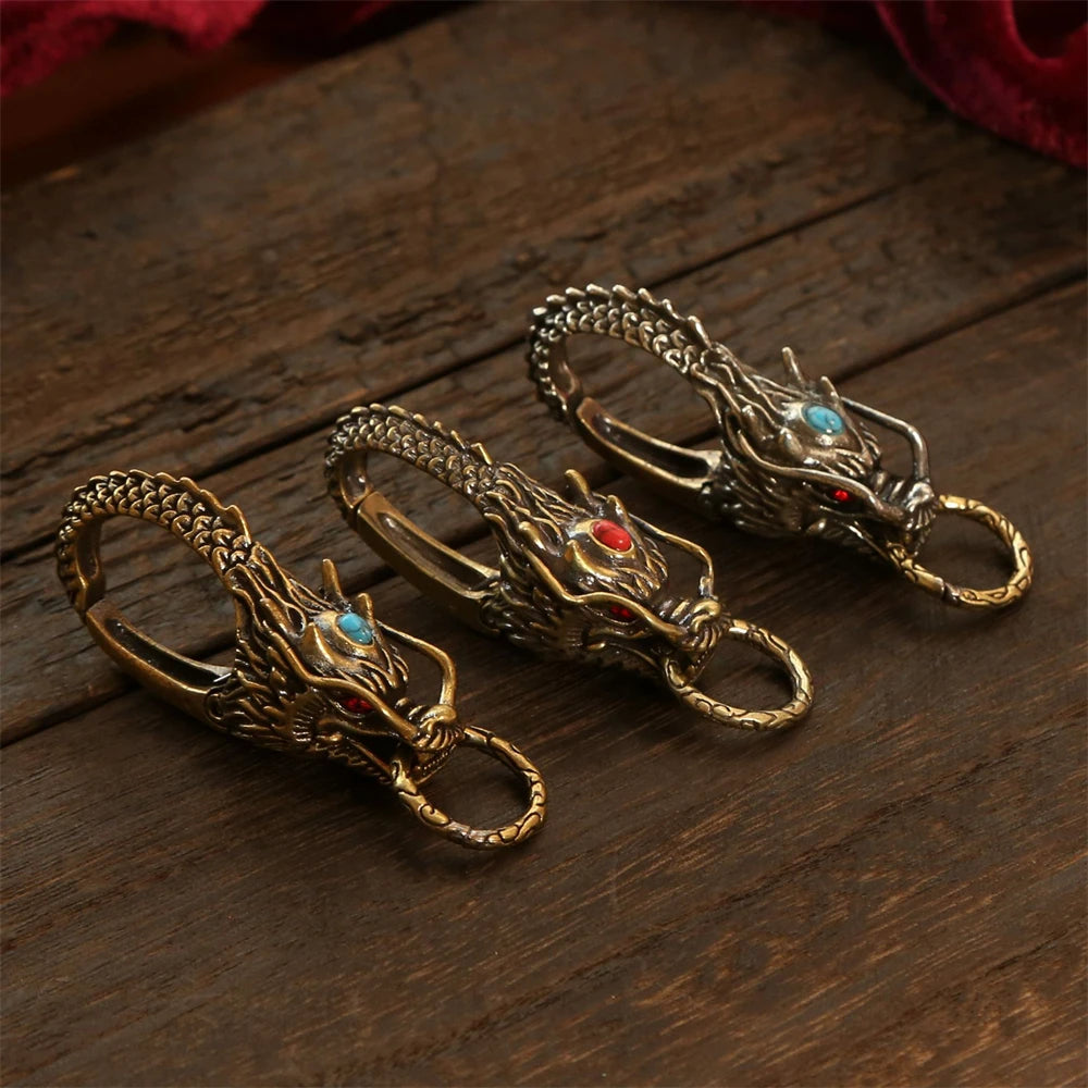 Chinese Dragon Head Keychain & Car Pendant Vintage Brass Red Eyes Protection Amulet Exquisite Craft Jewelry Gift for Men Women