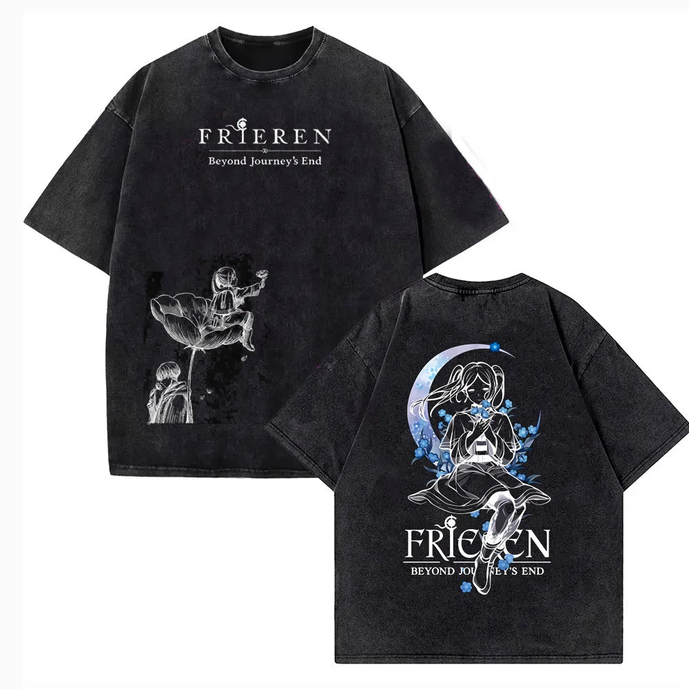 2026 Japanese Anime Frieren Beyond Journey's End T Shirt Vintage Washed T-Shirt Men's Clothing Short Sleeve Cotton Tee Tops