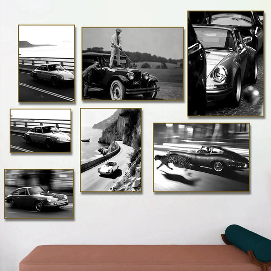 Vintage Golfer Teeing on Car Poster  Black and White  Luxury Sport Car Photography Canvas Painting Print Living Room Home Decor