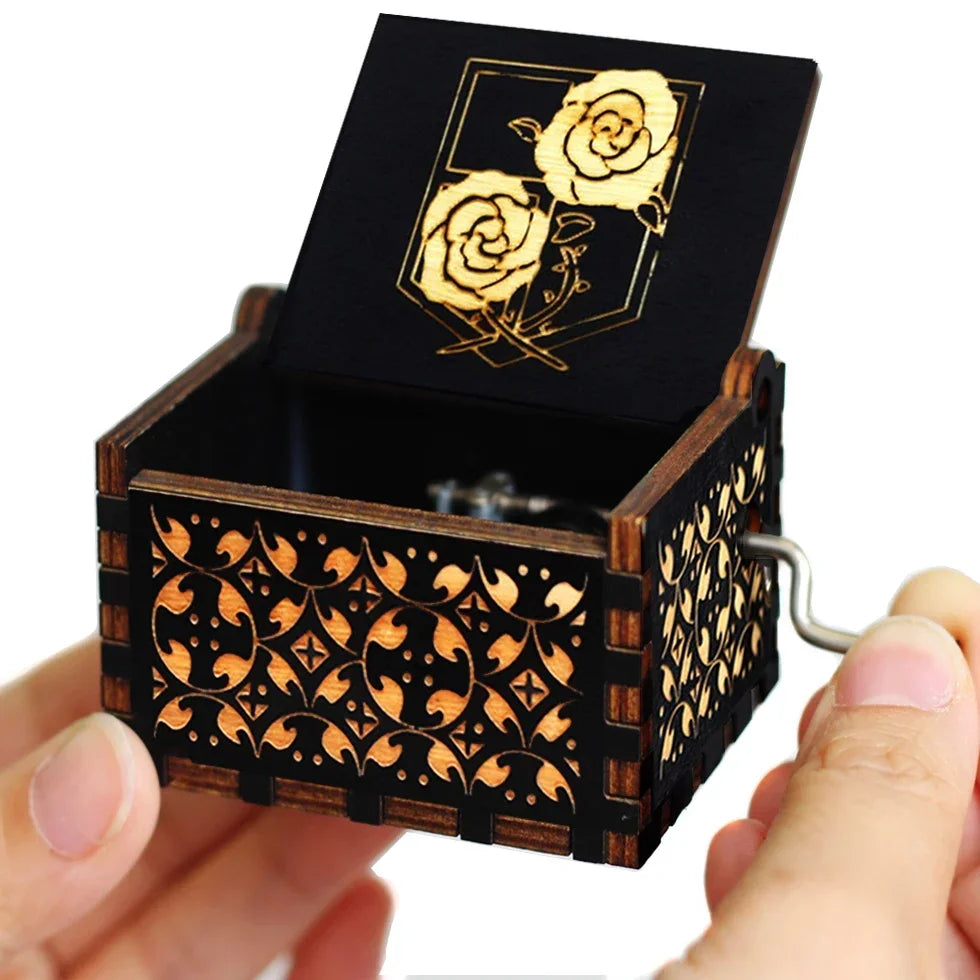 IN STOCK @@Antique carved Wooden Hand Crank Attack on Titan and StarWars Music Box figure Christmas Birthday Gift @@