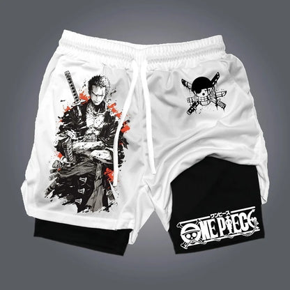 2025 New One Piece Anime Luffy and Zoro Themed Printed Double-layered Shorts, Summer American Men's Sport Loose Pants