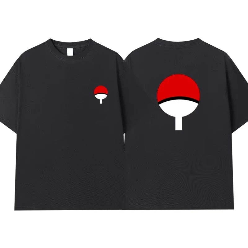 Naruto Uchiha Clan Symbol T-Shirt for Men Women, Front Back Print Minimalist Anime Casual Oversized Streetwear Black Tee