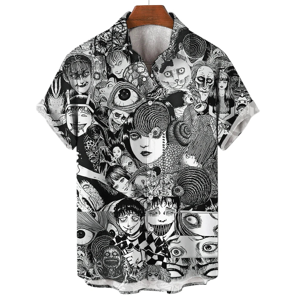 Japanese Anime Pattern Shirts 2023 Summer New men's Shirt 3D Printing Horror Print Hawaiian Clothing Personalized Design Men Top