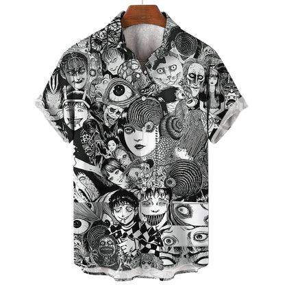 Japanese Anime Pattern Shirts 2023 Summer New men's Shirt 3D Printing Horror Print Hawaiian Clothing Personalized Design Men Top