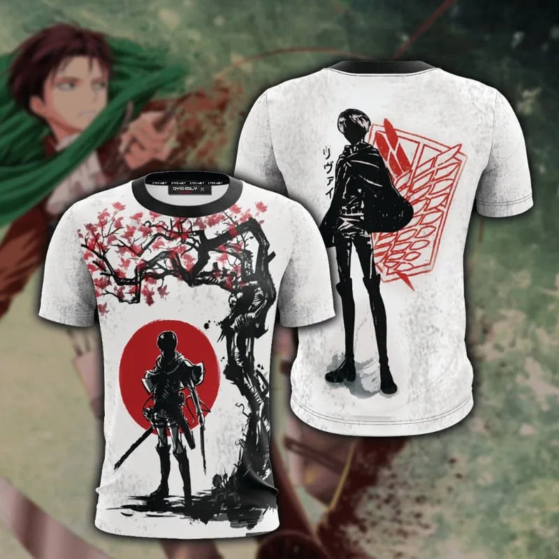 2026 New Attack on Titan Levi Ackerman Japanese Ink Cherry Blossom 3D All-over Print Short-Sleeve Crew Neck T-Shirt, Unisex