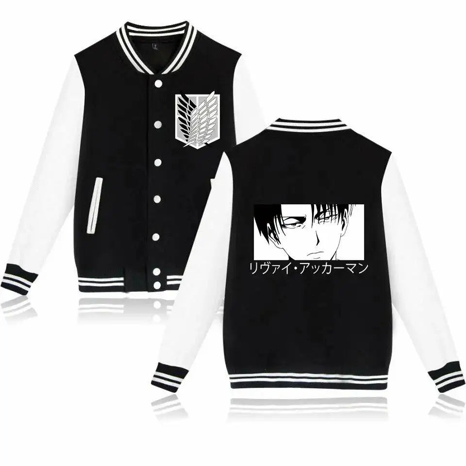 Attack on Titan Baseball Jacket with Colossal Titan Back Print Scouting Legion Logo and Japanese Text Sleeve Patterns