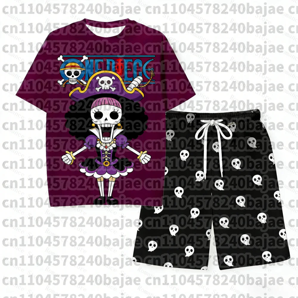 2026 One Piece Luffy Pajama Set Anime Skull Character Sleepwear T-Shirt Shorts for Men's Shirts Women t-shirts Summer Set