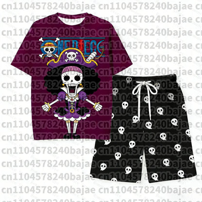 2026 One Piece Luffy Pajama Set Anime Skull Character Sleepwear T-Shirt Shorts for Men's Shirts Women t-shirts Summer Set