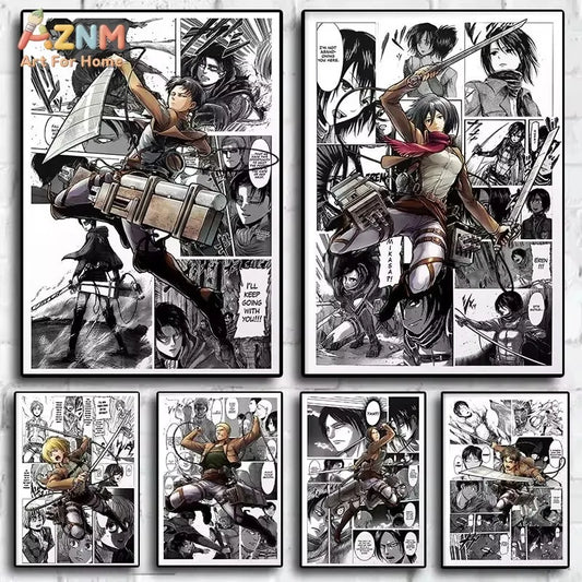AZNM Attack on Titan Anime Manga Page Style Frameless Canvas Wall Art Levi Mikasa Armin Character Print for Bedroom Living Room