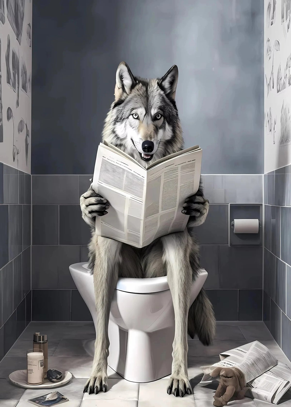 Black and White Lion Cow Sitting on Toilet Reading Newspaper Poster Modern Bathroom Wall Art Picture Canvas Print Home Decor