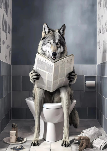 Black and White Lion Cow Sitting on Toilet Reading Newspaper Poster Modern Bathroom Wall Art Picture Canvas Print Home Decor
