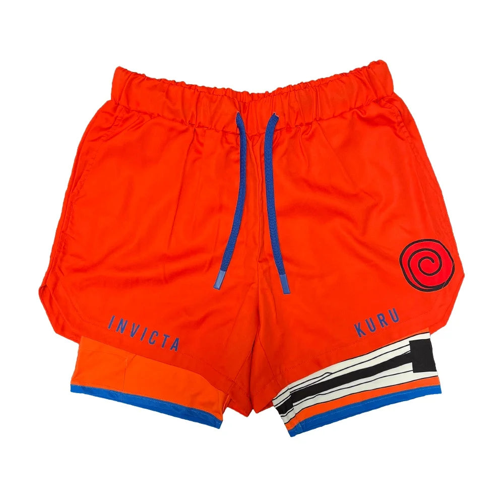 Anime Madara Uchiha Six Paths 2-in-1 Compression Shorts Summer Quick Drying Sport Shorts with Six Tomoe Print Breathable Shorts