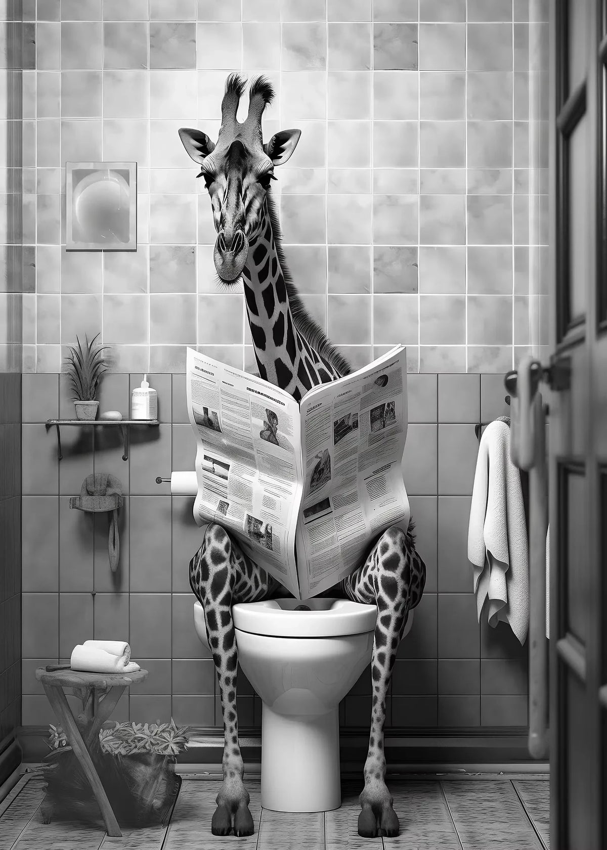 Black and White Lion Cow Sitting on Toilet Reading Newspaper Poster Modern Bathroom Wall Art Picture Canvas Print Home Decor