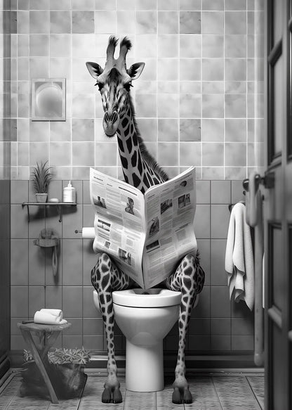 Black and White Lion Cow Sitting on Toilet Reading Newspaper Poster Modern Bathroom Wall Art Picture Canvas Print Home Decor