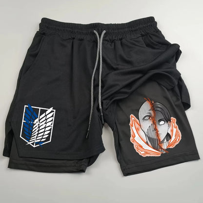 Attack on Titan Anime Collaboration Printing 2-in-1 Sports Shorts Summer New Men's and Women's Fitness Running Leggings Shorts