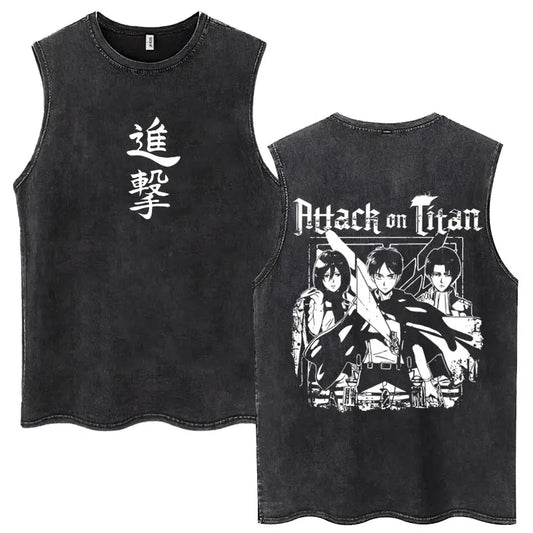 2026 Anime Attack on Titan Washed Tank Tops Men's No Harajuku Sleeveless T Shirt Yeager Oversized Cotton T-shirt