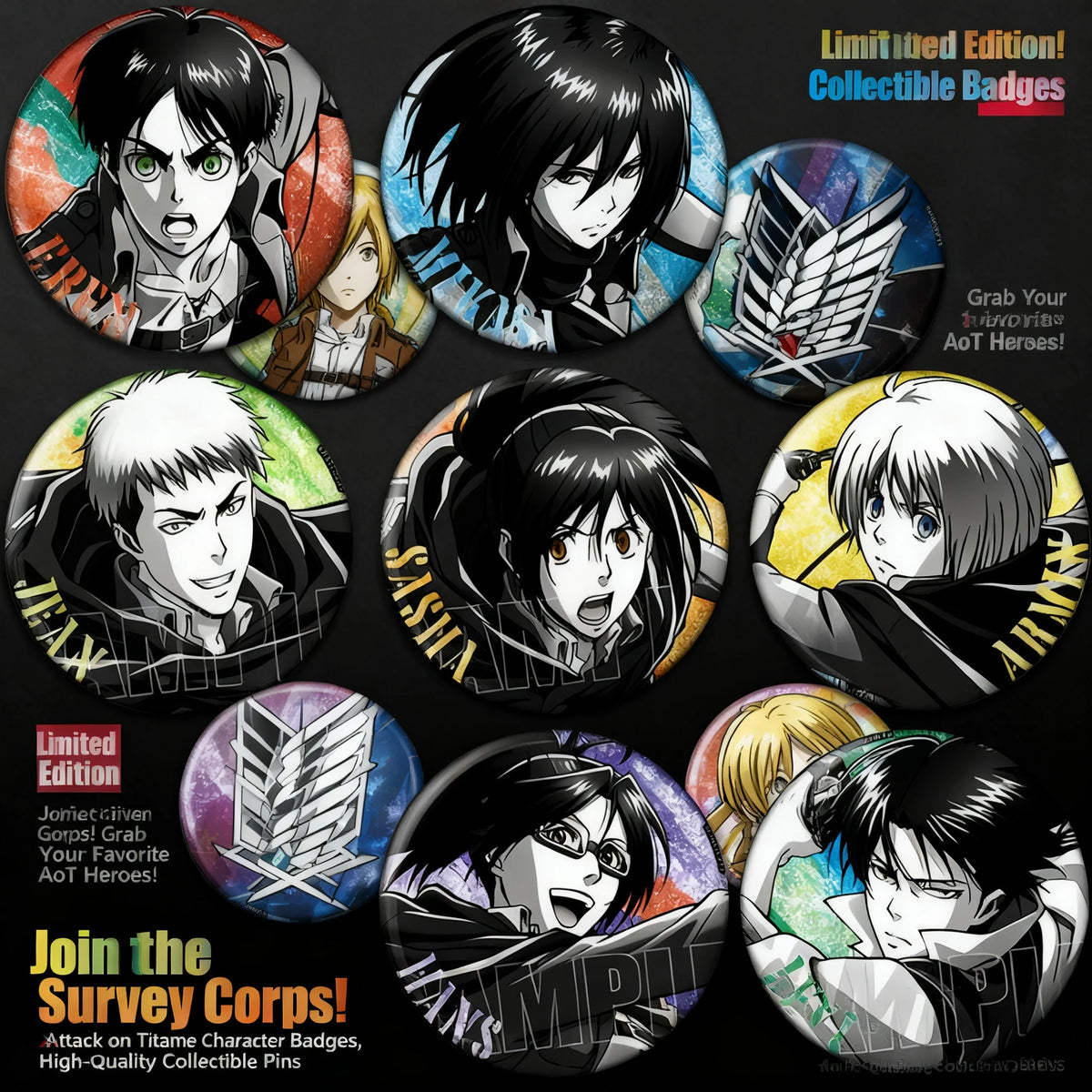 Attack on Titan Anime Badge Pin Set Levi Ackerman Eren Yeager Mikasa Ackerman Hange Zoe Sasha Braus Jean Kirstein Metal Brooch