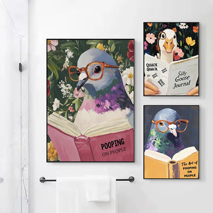 Humorous Pigeon Reading Book Pooping on People Bathroom Funny Animals Poster Canvas Painting Wall Art Pictures Home Toilet Decor