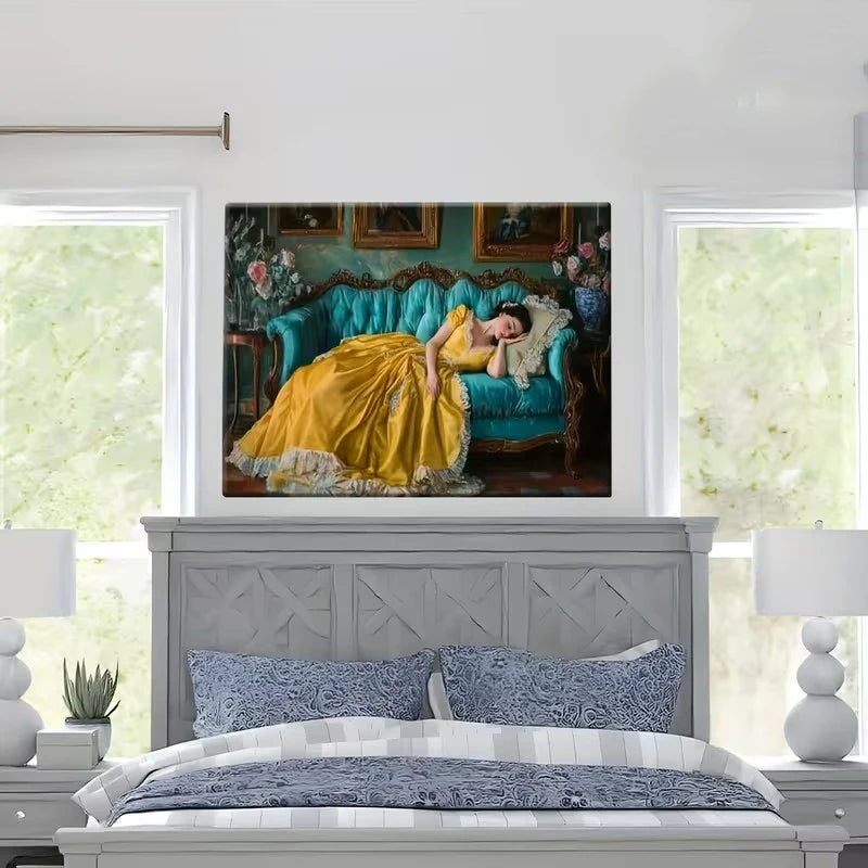 Classical Woman in Yellow Dress Reclines on Green Sofa Poster Prints Canvas Painting Wall Art Picture for Living Room Home Decor