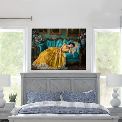 Classical Woman in Yellow Dress Reclines on Green Sofa Poster Prints Canvas Painting Wall Art Picture for Living Room Home Decor