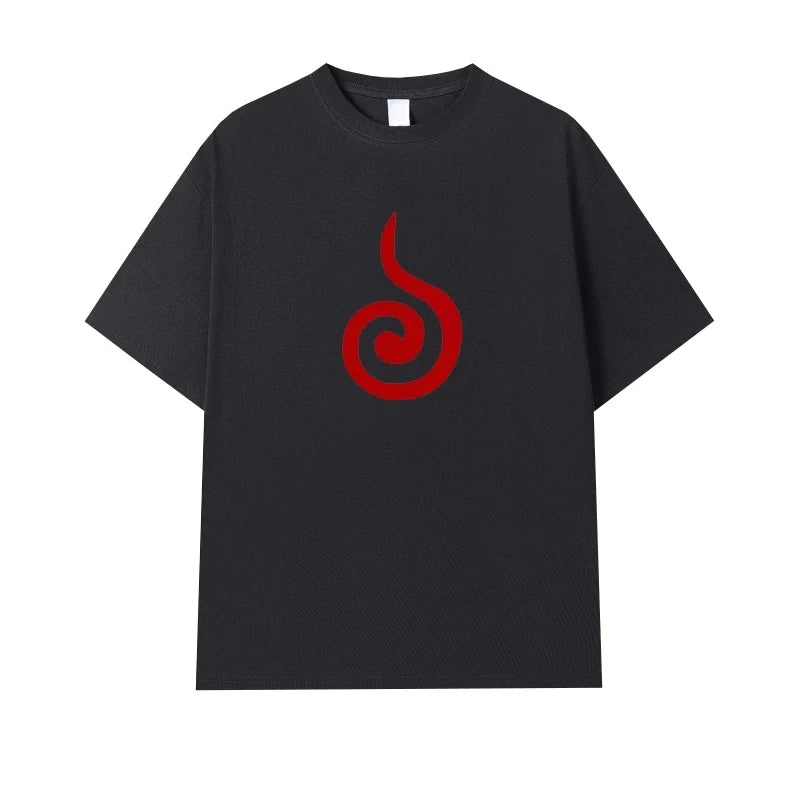 Naruto Uchiha Clan Symbol T-Shirt for Men Women, Front Back Print Minimalist Anime Casual Oversized Streetwear Black Tee