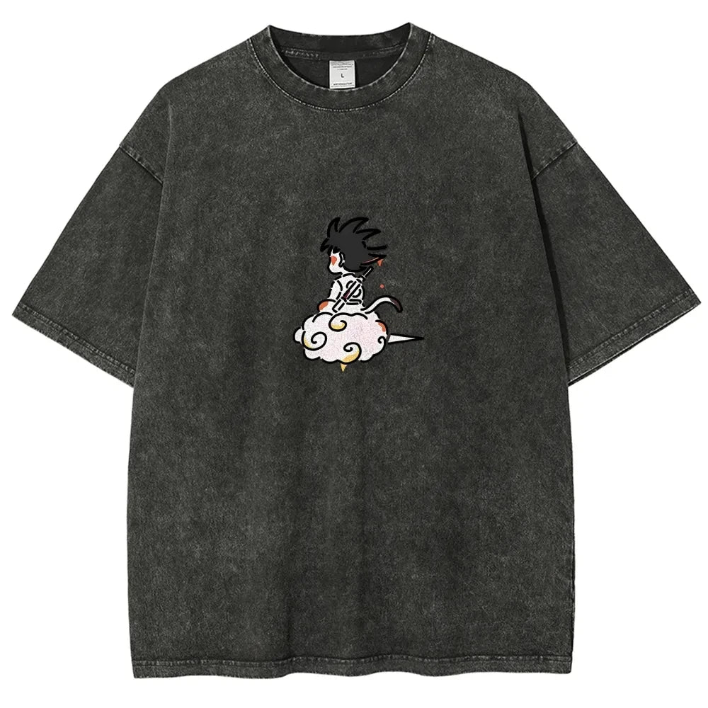 Kid Goku Flying Nimbus T Shirt Dragon Ball Z Anime Men Vintage Acid Wash Oversized Cotton Streetwear Kawaii Graphic Tees 2026