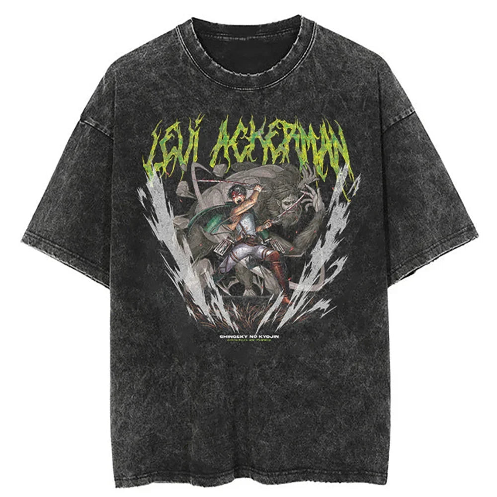 Attack on Titan Mikasa Ackerman Vintage Rock Band-style Wash Print T Shirt Men 2026 Summer Black Oversized Tee Anime Streetwear