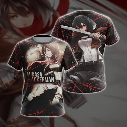 2026 New Attack on Titan Mikasa Ackerman Red 3D Digital Print Short-Sleeve T-Shirt, Trendy Crew Neck, Sports & Casual Unisex Top