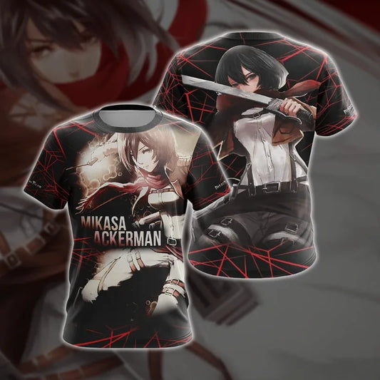 2026 New Attack on Titan Mikasa Ackerman Red 3D Digital Print Short-Sleeve T-Shirt, Trendy Crew Neck, Sports & Casual Unisex Top