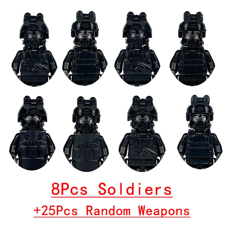 Military Special Forces SWAT Gangster Jeeps Off-Road Vehicle Assault Boat Model Soldier Weapons Building Block Toy For Children