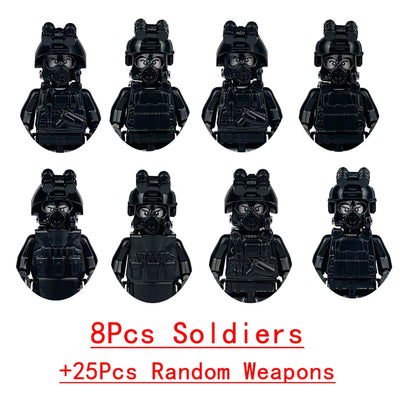Military Special Forces SWAT Gangster Jeeps Off-Road Vehicle Assault Boat Model Soldier Weapons Building Block Toy For Children