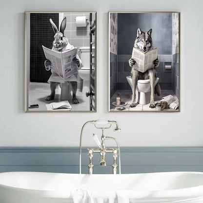 Black and White Lion Cow Sitting on Toilet Reading Newspaper Poster Modern Bathroom Wall Art Picture Canvas Print Home Decor