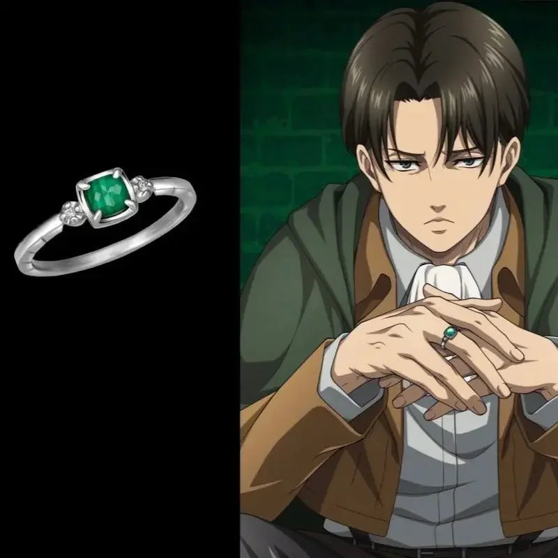 Fashion Attack on Titan Levi Character Image Rings Woman Anime Accessories Green Zircon Silver Color Ring Man Cosplay Jewelry
