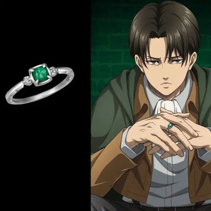 Fashion Attack on Titan Levi Character Image Rings Woman Anime Accessories Green Zircon Silver Color Ring Man Cosplay Jewelry