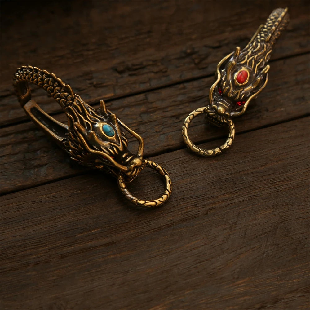 Chinese Dragon Head Keychain & Car Pendant Vintage Brass Red Eyes Protection Amulet Exquisite Craft Jewelry Gift for Men Women