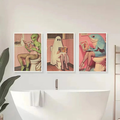 Funny Weird Bathroom Alien on The Toilet Ghost Reading Newspaper Aesthetic Poster Canvas Painting Wall Pictures Home Decor