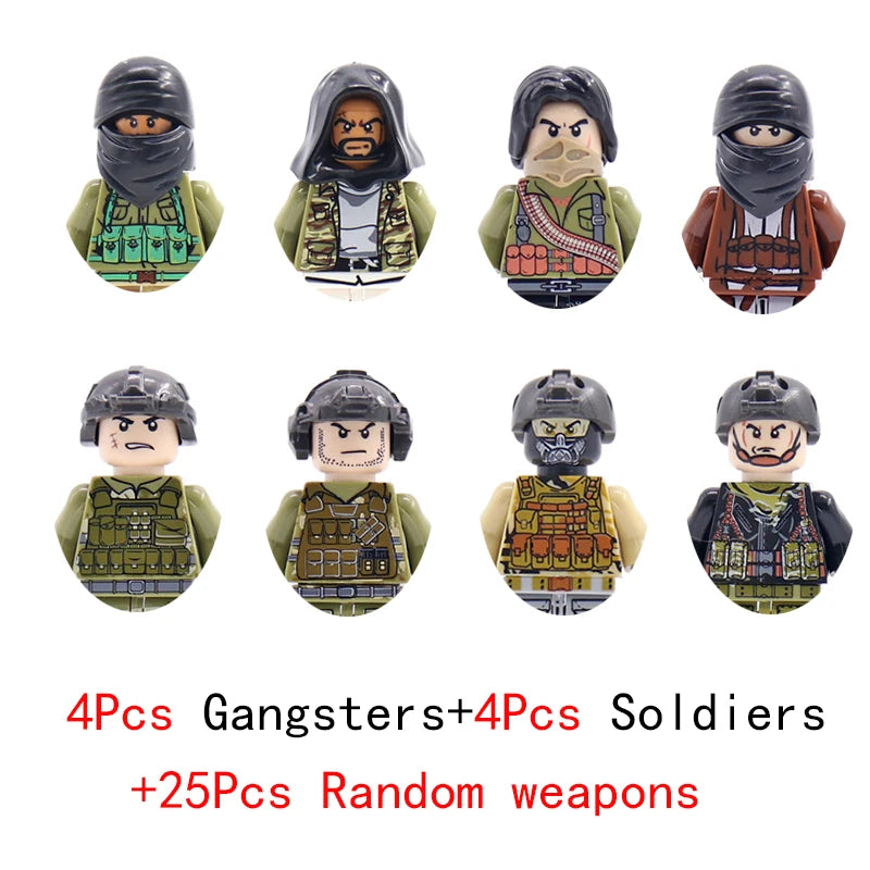 Military Special Forces SWAT Gangster Jeeps Off-Road Vehicle Assault Boat Model Soldier Weapons Building Block Toy For Children