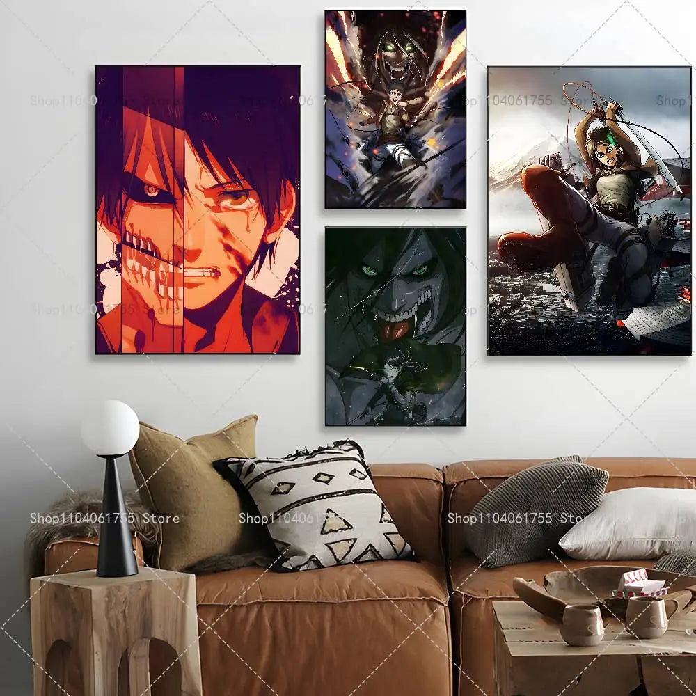 Anime Attack on Titan Eren Jeager Poster Self-adhesive Art Waterproof Paper Sticker Coffee House Bar Room Wall Decor