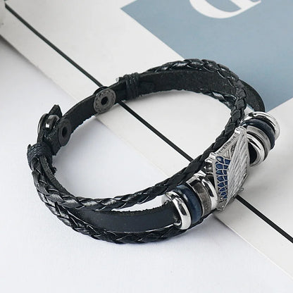 Anime Cartoon Action Attack On Titan - Investigation Corps Logo Bracelet - Leather Weaving Handpiece Boys Birthday Gift