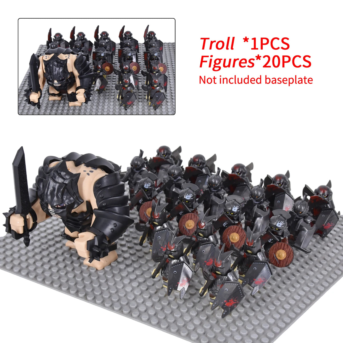 Giant Troll Monster 20Pcs Armored Orc Infantry Figures Medieval Army Building Bricks, Removable Shield Scene Collectible Toy﻿﻿