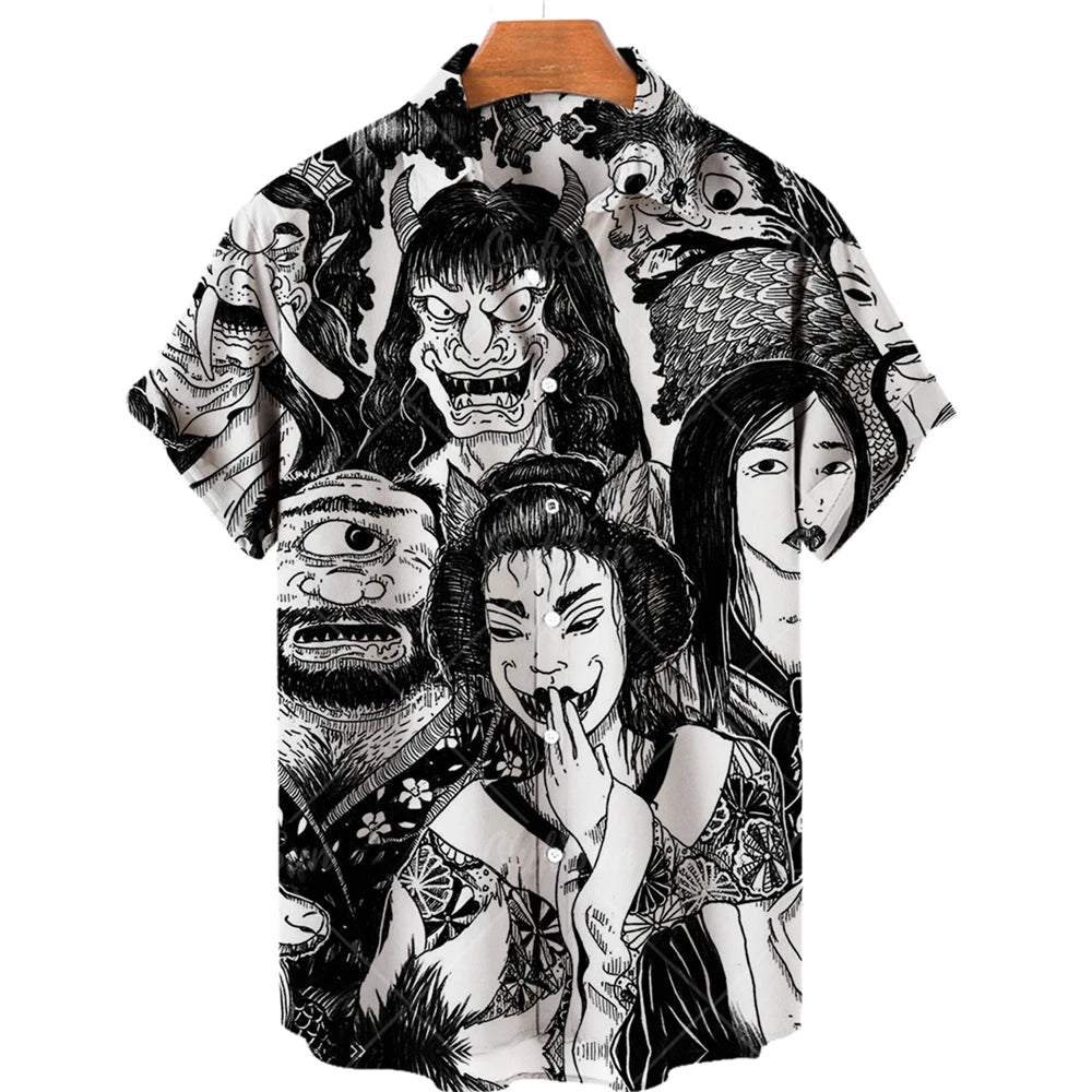 Japanese Anime Pattern Shirts 2023 Summer New men's Shirt 3D Printing Horror Print Hawaiian Clothing Personalized Design Men Top