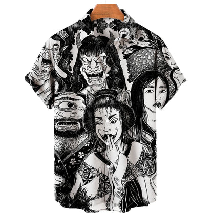 Japanese Anime Pattern Shirts 2023 Summer New men's Shirt 3D Printing Horror Print Hawaiian Clothing Personalized Design Men Top