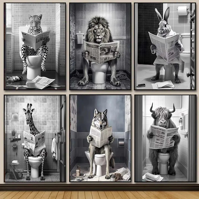 Black and White Lion Cow Sitting on Toilet Reading Newspaper Poster Modern Bathroom Wall Art Picture Canvas Print Home Decor